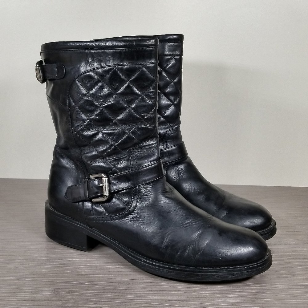 Aquatalia Sweetness Short Quilted Moto Boot, Black Leather, Womens Size 8
